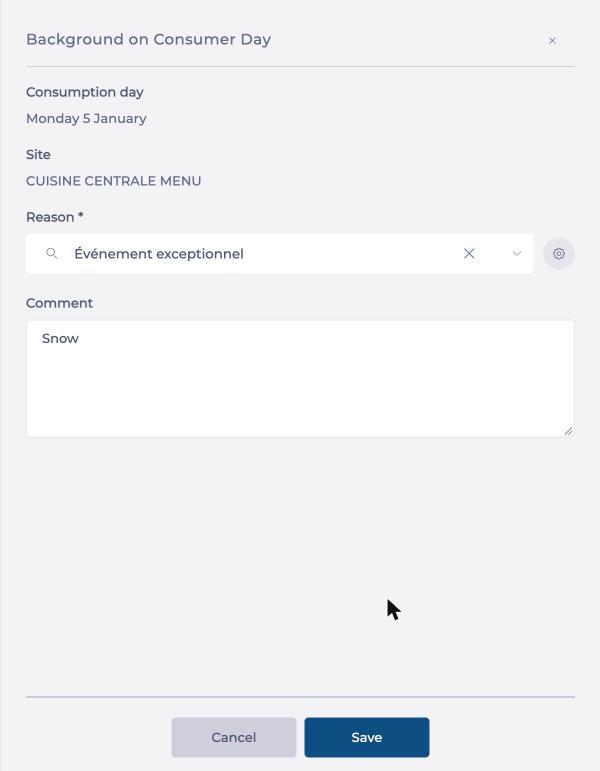 A completed context for a site, with a reason and a comment