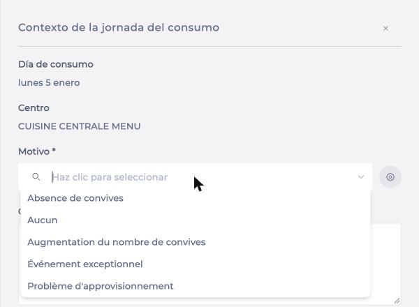 La lista de motivos del campo Motivo
