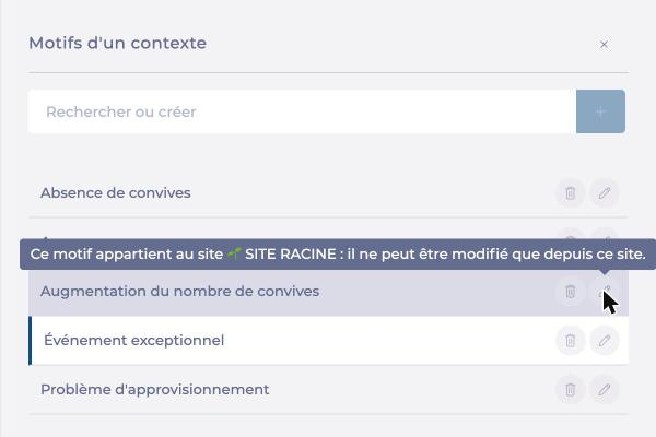 La fenêtre Motifs d'un contexte, avec un motif hérité d'un site parent