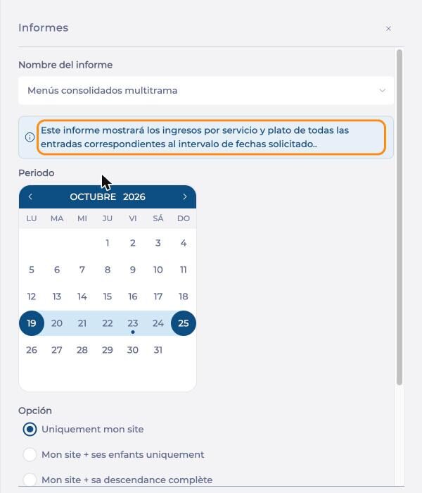 Panel Informes con el informe Menús consolidados multitrama y su mensaje informativo