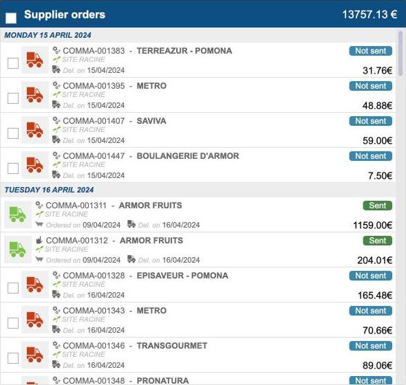 The Track orders list with indicators on unsent orders