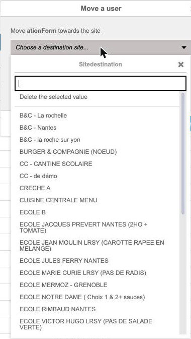 The list of destination sites in the Move a user window