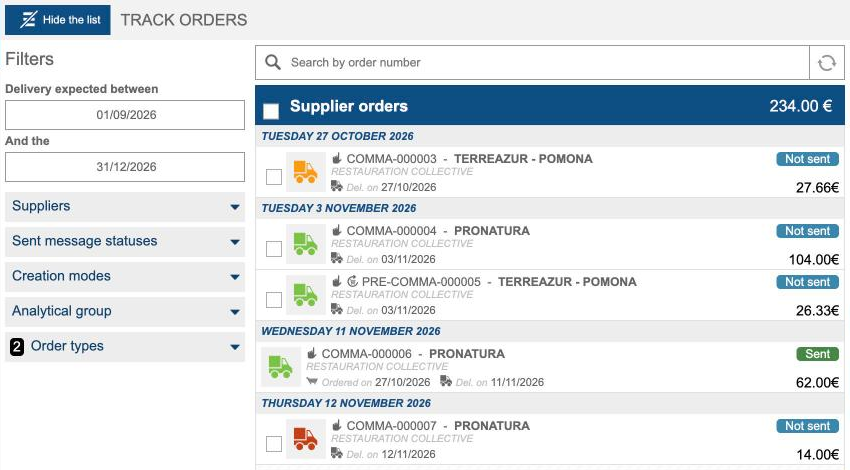 The Track orders list with the colour indicators