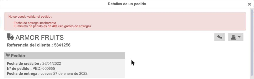 Un pedido con los problemas listados bajo No se puede validar el pedido