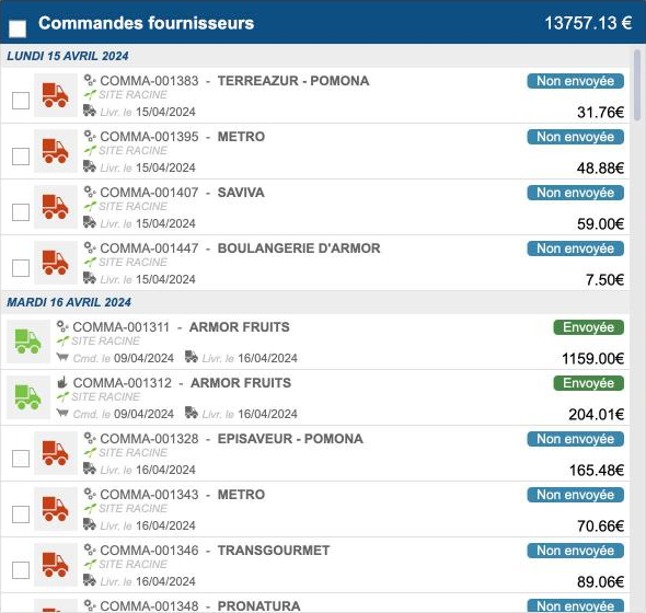 La liste du Suivi des commandes avec les indicateurs des commandes non envoyées