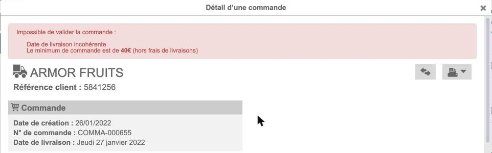 Une commande avec les anomalies listées sous Impossible de valider la commande