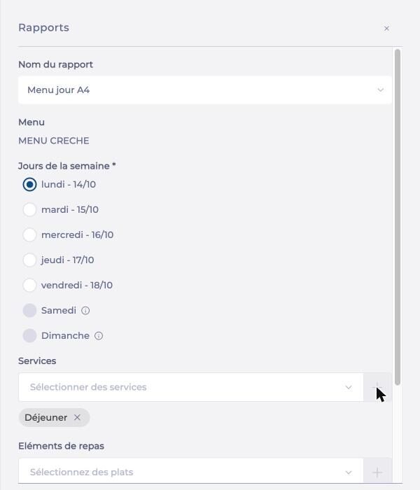 Panneau Rapports avec le rapport Menu jour A4