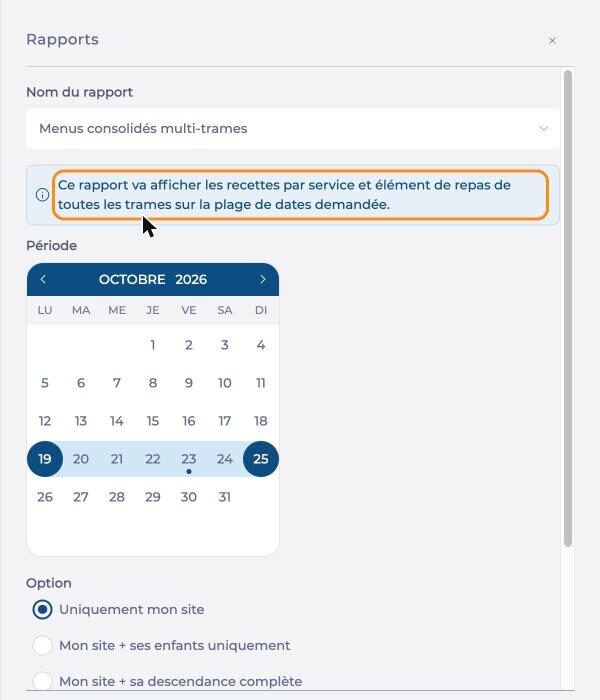 Panneau Rapports avec le rapport Menus consolidés multi-trames et son message d'information