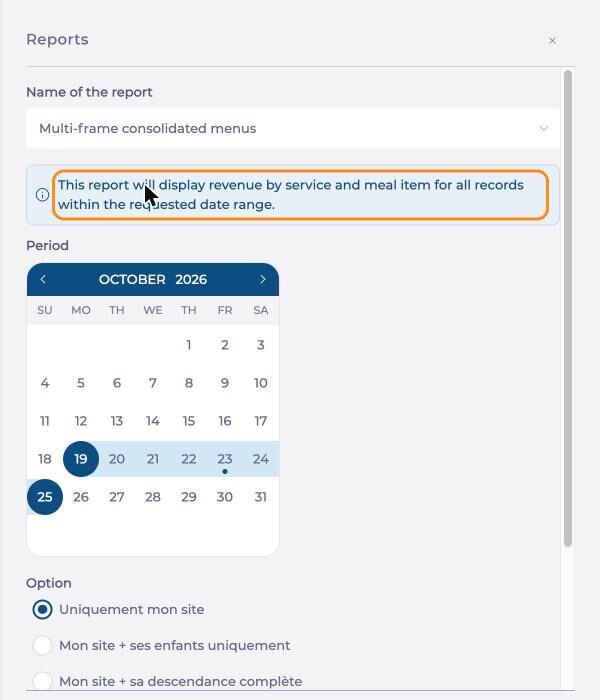 Reports panel with the Multi-frame consolidated menus report and its information message