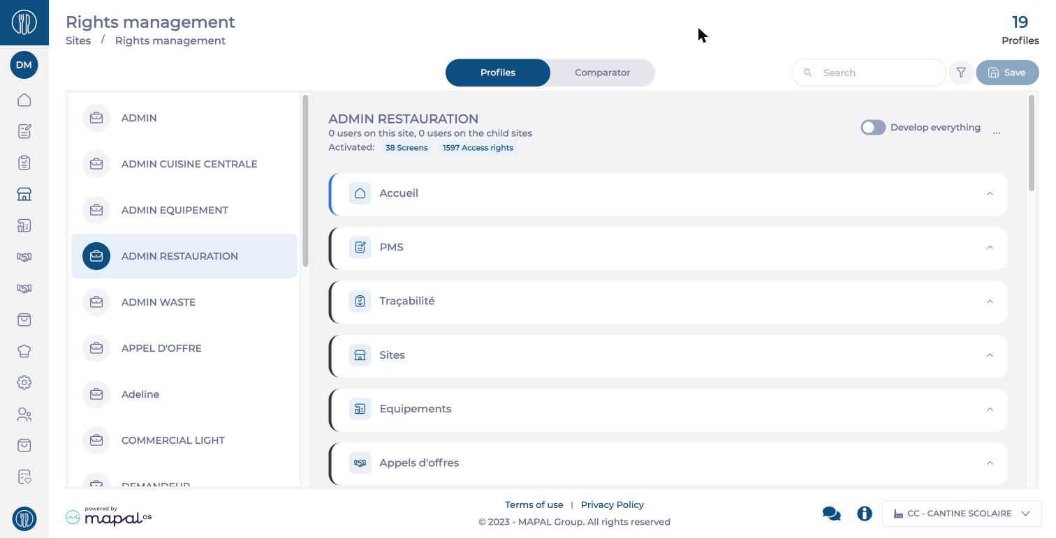 Rights management screen, Profiles view