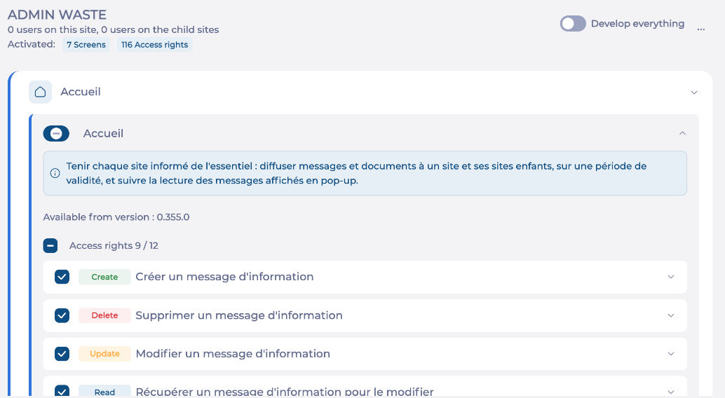 An expanded screen: description, Access rights box, rights and type tags