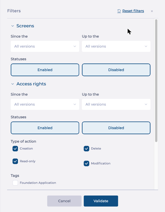 Filters panel