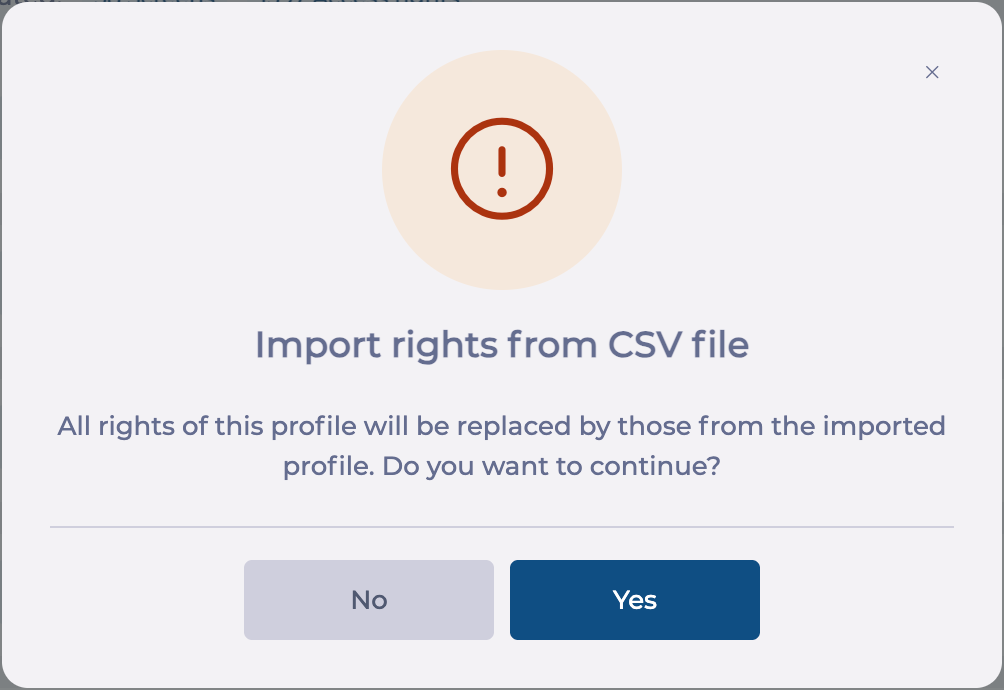 Confirmation message before importing rights