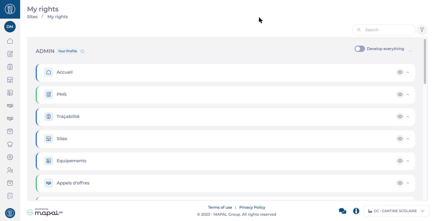 My rights page: modules and screens