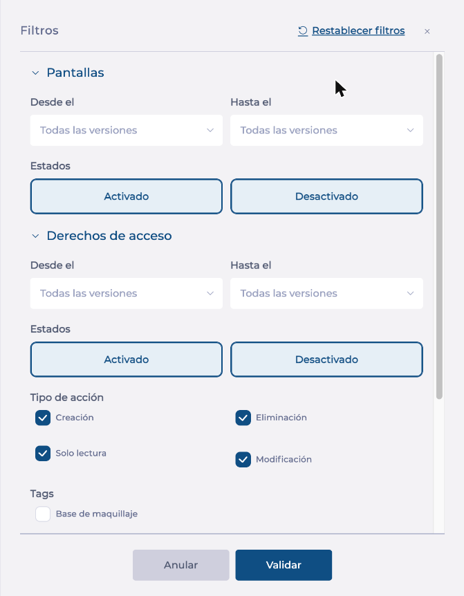 Panel Filtros