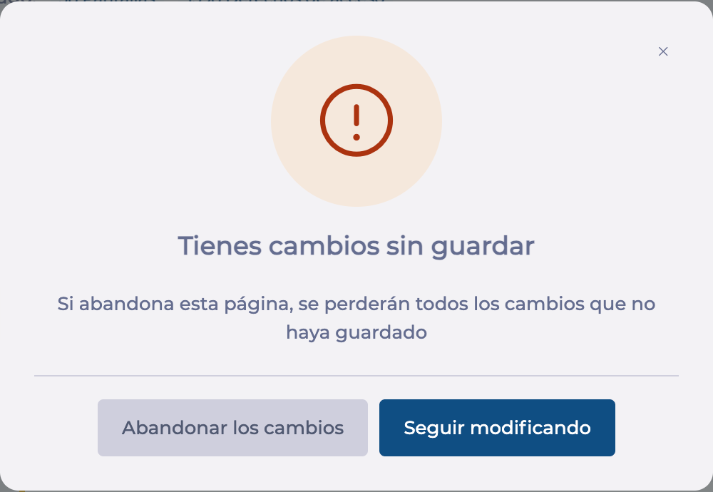 Mensaje que aparece al salir de la página con cambios sin guardar