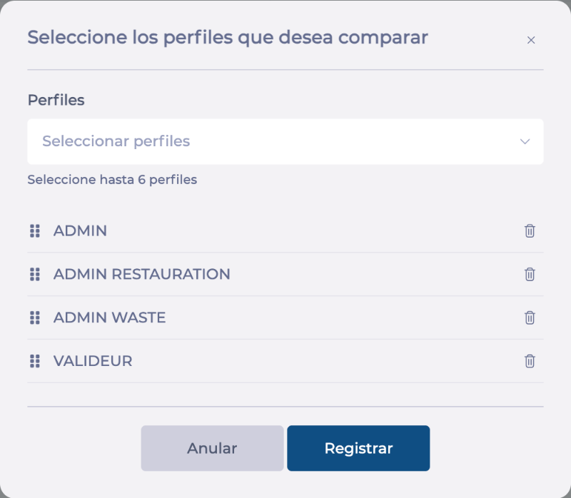 Ventana Seleccione los perfiles que desea comparar