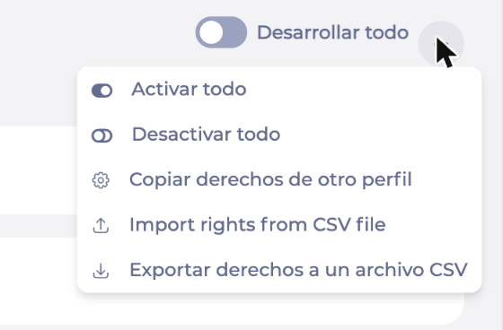 Menú de acciones (...) de un perfil con las acciones de importación y exportación
