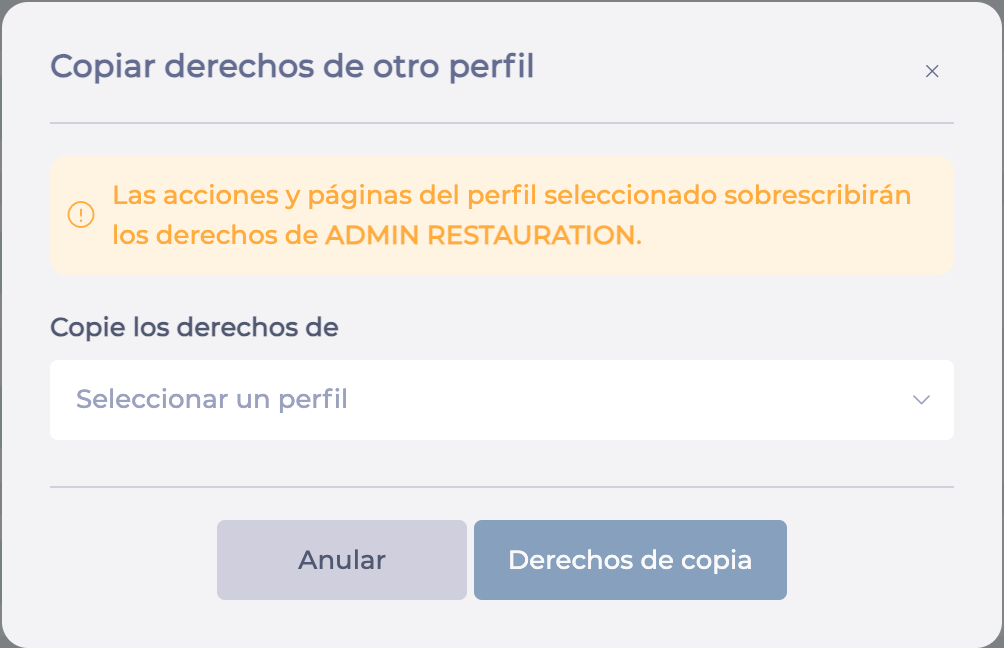Ventana Copiar derechos de otro perfil