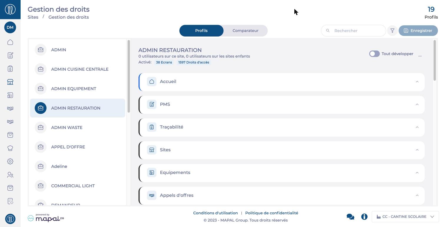 Écran Gestion des droits, vue Profils
