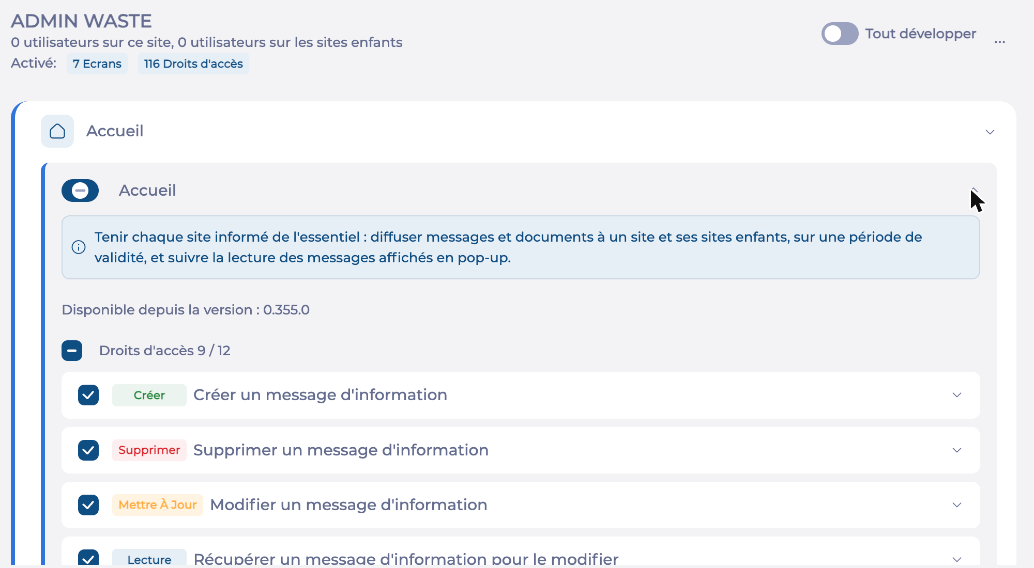 Un écran déplié : description, case Droits d'accès, droits et étiquettes de type