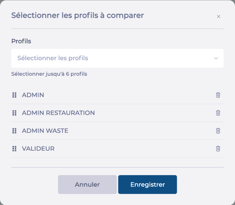 Fenêtre Sélectionner les profils à comparer