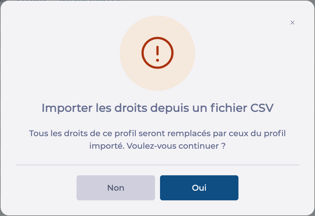 Message de confirmation avant l'import des droits