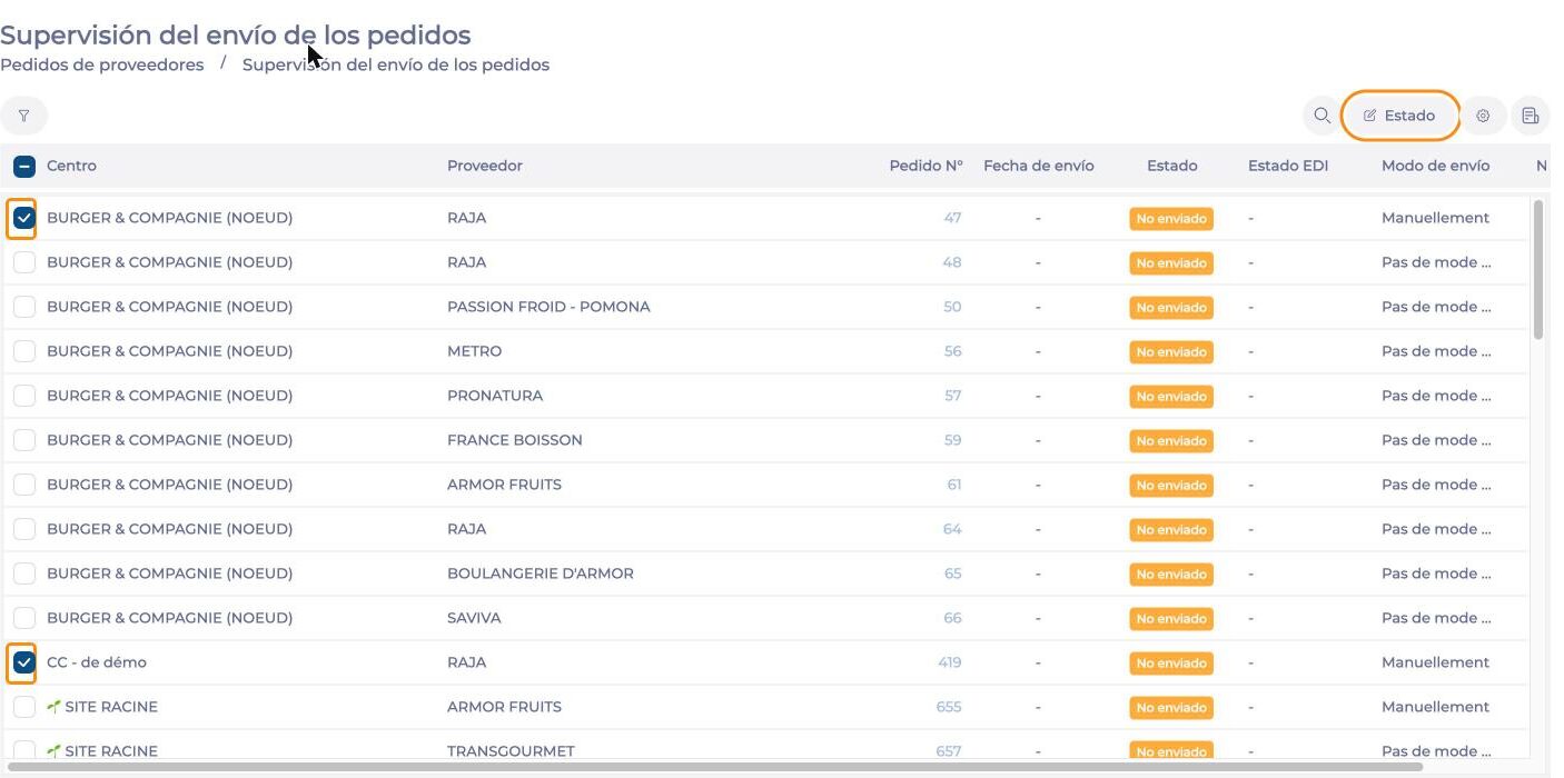 Pedidos no enviados de dos centros seleccionados y botón Estado en la pantalla Supervisión del envío de los pedidos