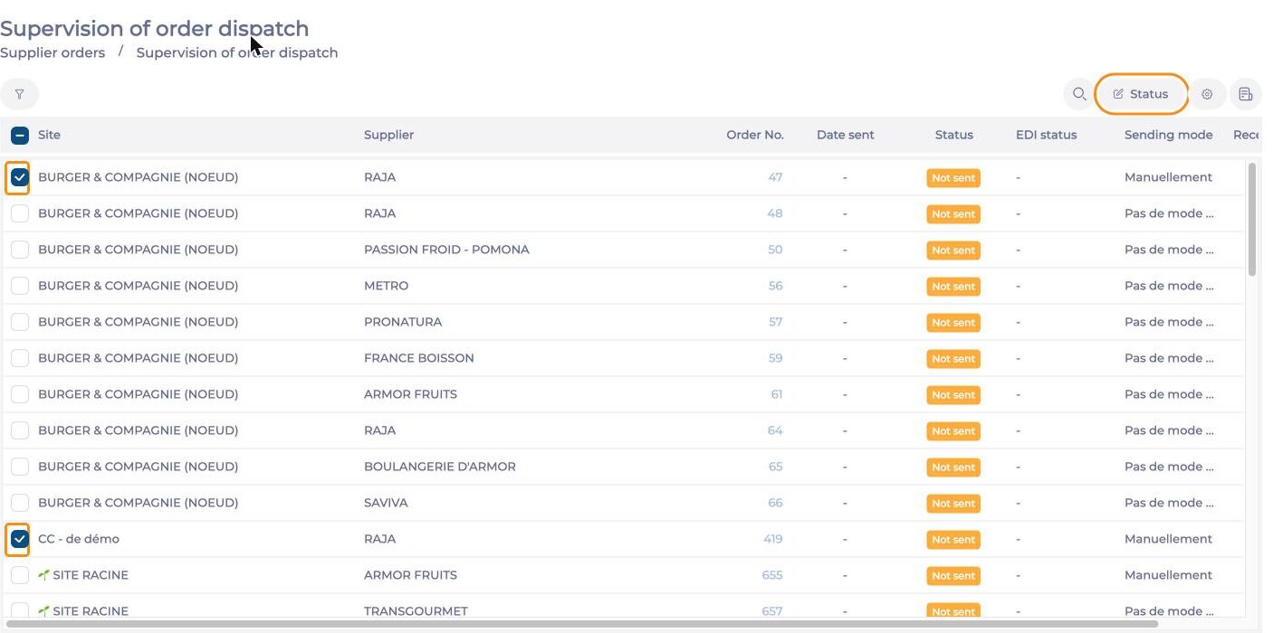 Not sent orders from two sites selected and the Status button on the Supervision of order dispatch screen