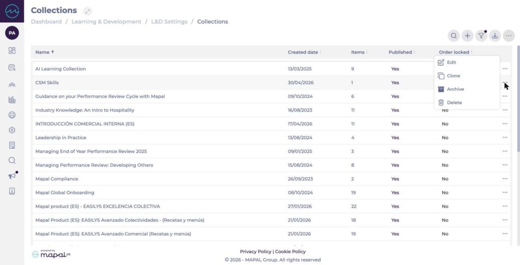 Collections list with the action menu open showing Edit, Clone, Archive and Delete