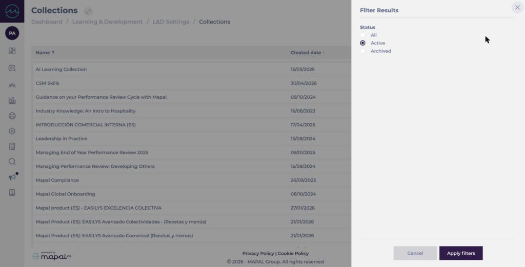 Collections Filter Results panel with Status options All, Active and Archived