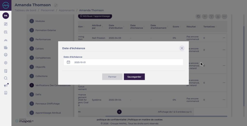 Fenêtre Date d’échéance d’une vérification des connaissances attribuée