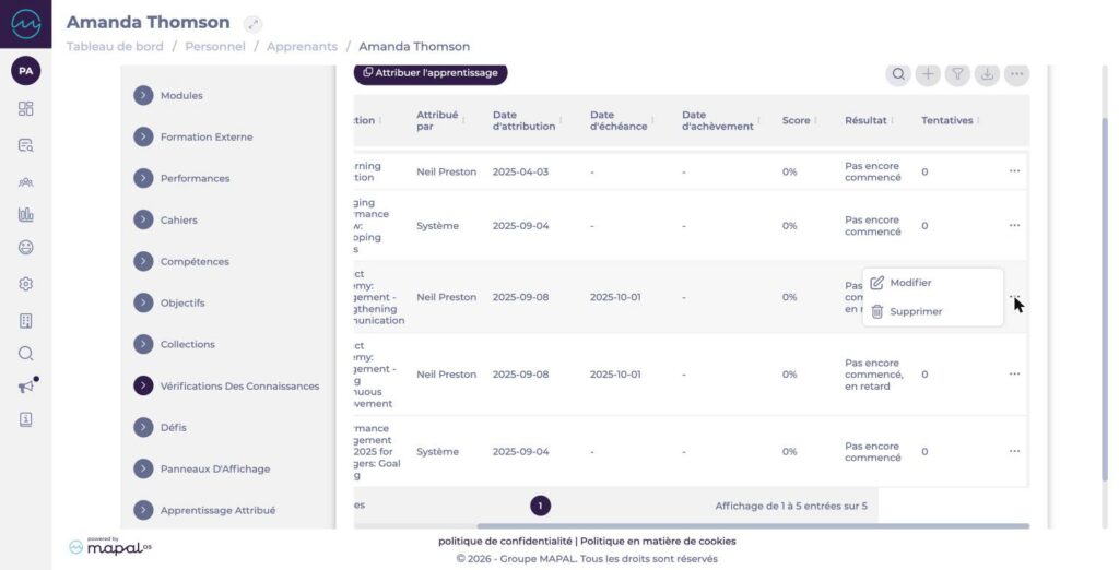 Onglet Vérifications Des Connaissances de l’apprenant avec le menu d’actions ouvert : Modifier et Supprimer