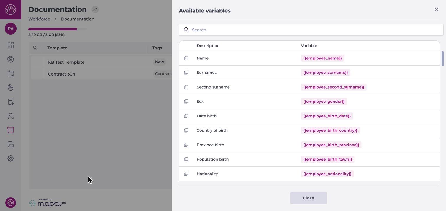 Available variables panel