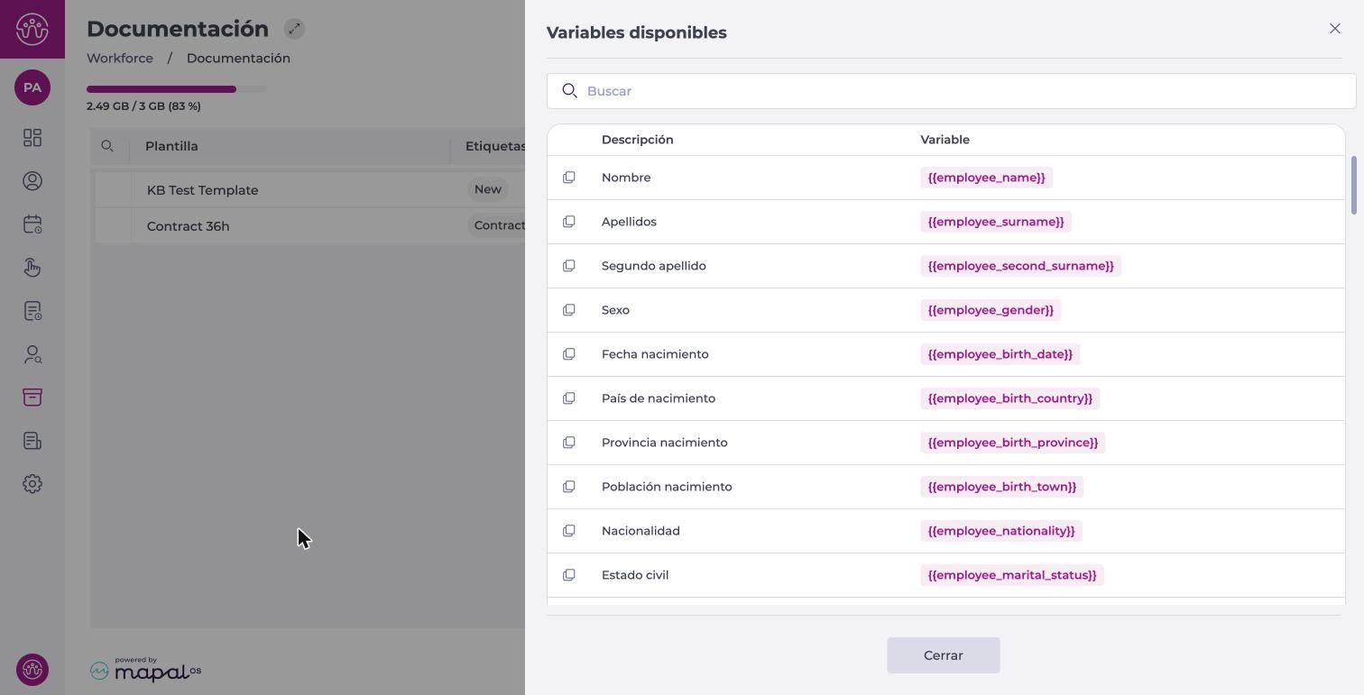 Panel Variables disponibles
