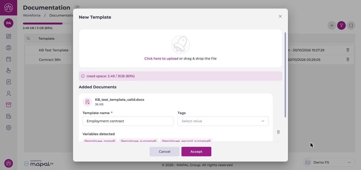 New Template window with a file added