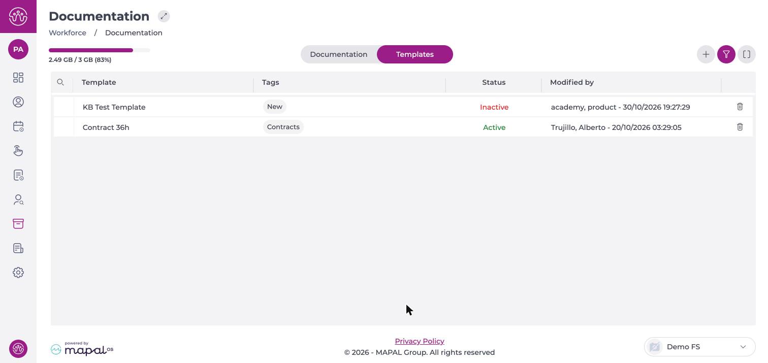 Templates tab in Documentation